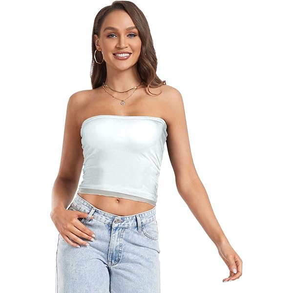 White Women's Strapless Hollow Out See Through Crop Top Tube Top